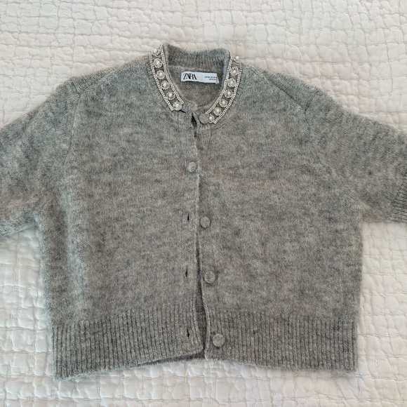 Zara Women's Gray Cardigan with Embellished Collar - Picture 1 of 2